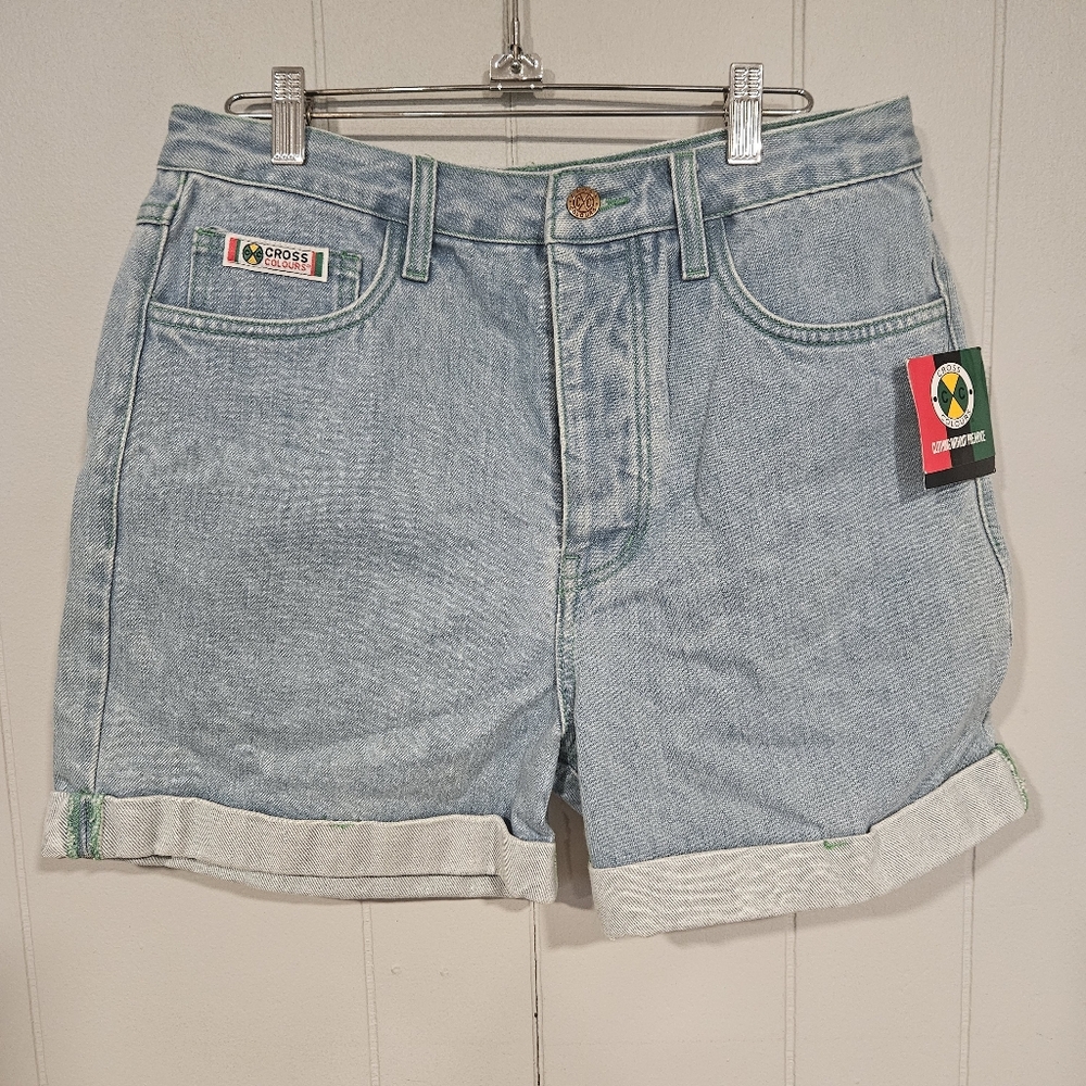 Cross Colours Womens Size 28 Blue Denim Shorts Cuffed Ya Dig Hip Hop 90s NWT